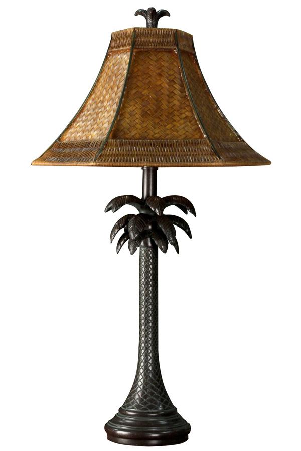 A french verdi finished resin palm tree table lamp with a rattan hexagonal shade with matching finia