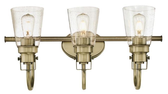3 Light Wall Fixture Antique Brass Finish Clear Seeded Glass