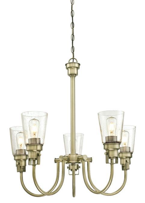 5 Light Chandelier Antique Brass Finish Clear Seeded Glass