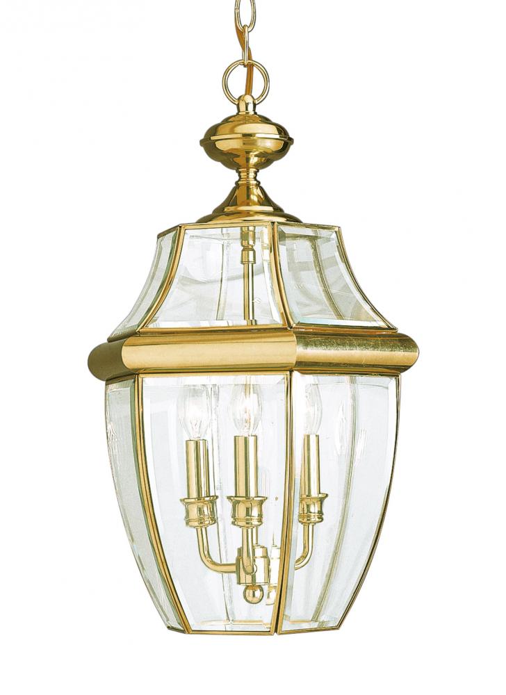 Lancaster traditional 3-light outdoor exterior pendant in polished brass gold finish with clear curv