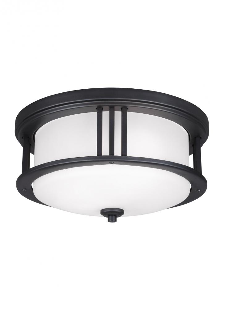 Crowell contemporary 2-light outdoor exterior ceiling flush mount in black finish with satin etched