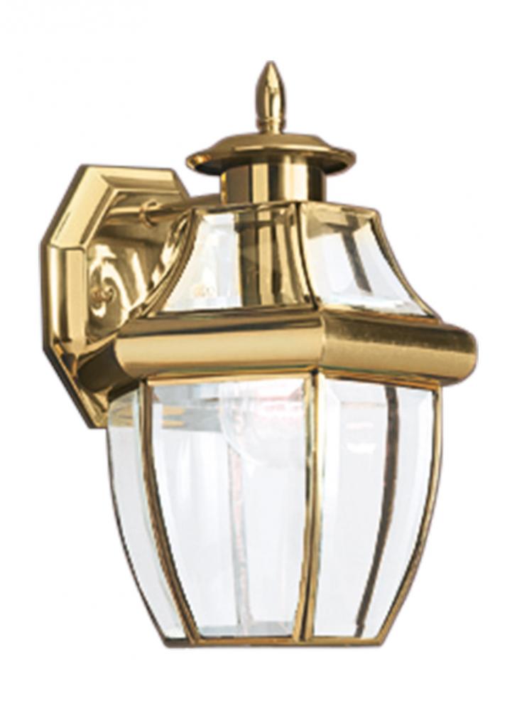 Lancaster traditional 1-light outdoor exterior medium wall lantern sconce in polished brass gold fin