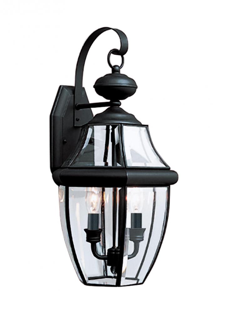 Lancaster traditional 2-light outdoor exterior wall lantern sconce in black finish with clear curved