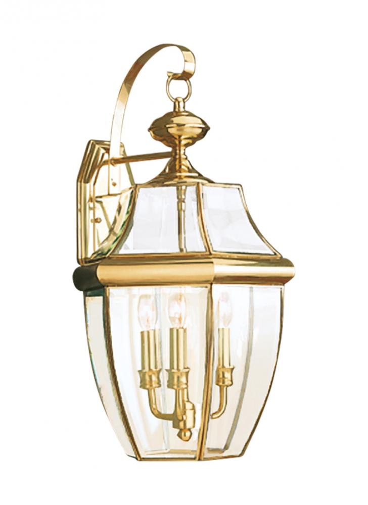 Lancaster traditional 3-light outdoor exterior wall lantern sconce in polished brass gold finish wit