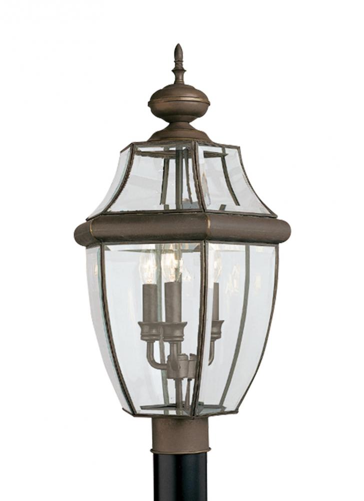 Lancaster traditional 3-light outdoor exterior post lantern in antique bronze finish with clear curv