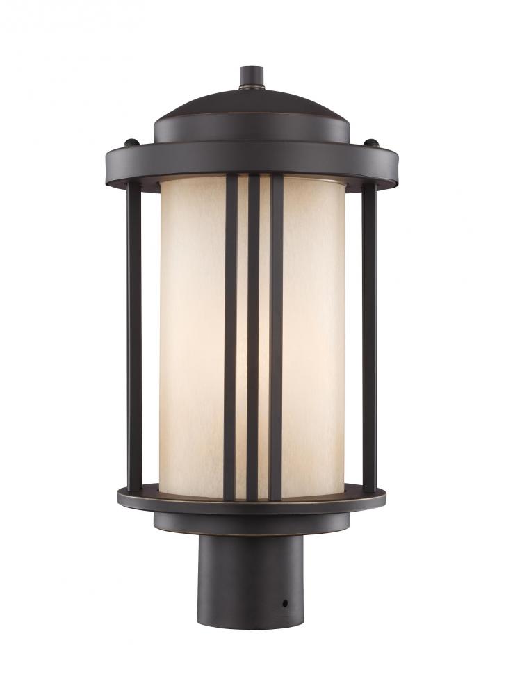 Crowell contemporary 1-light outdoor exterior post lantern in antique bronze finish with creme parch