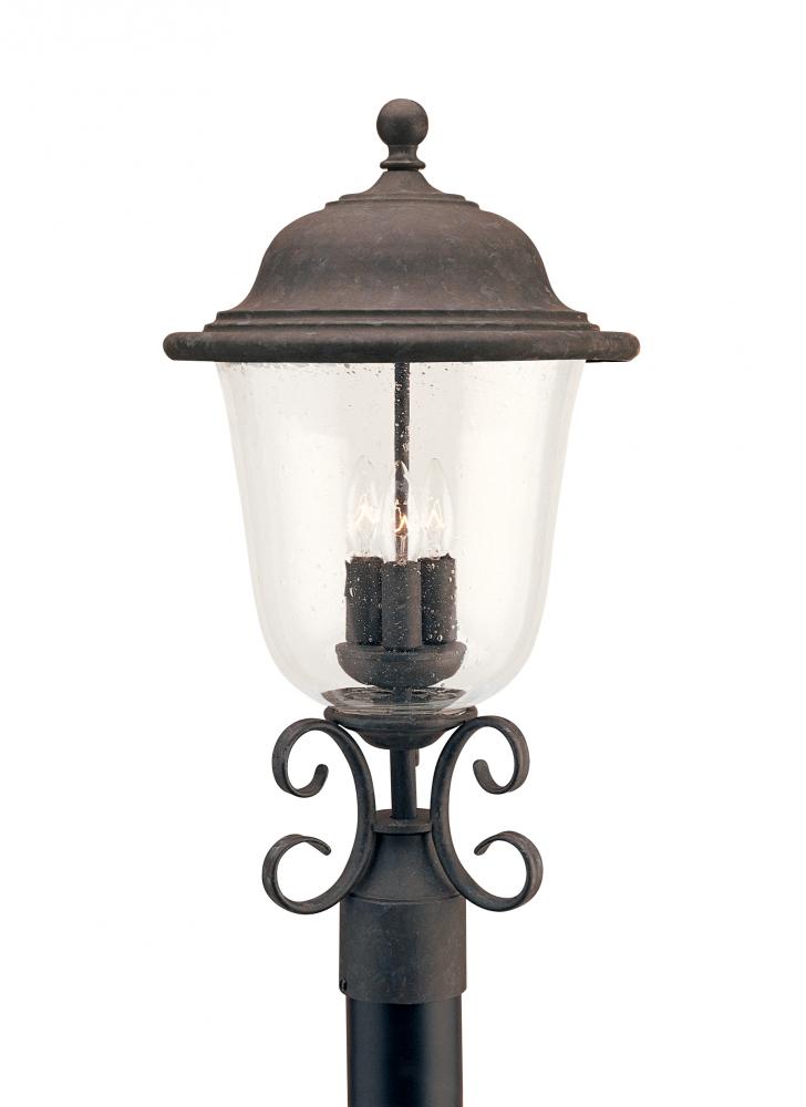 Trafalgar traditional 3-light outdoor exterior post lantern in oxidized bronze finish with clear see