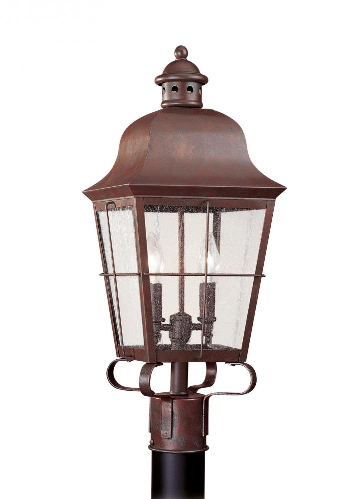 Chatham traditional 2-light outdoor exterior post lantern in weathered copper finish with clear seed