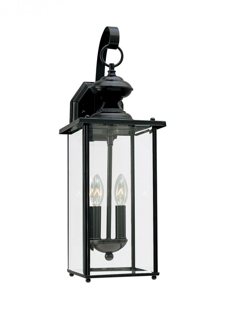 Jamestowne transitional 2-light outdoor exterior wall lantern in black finish with clear beveled gla