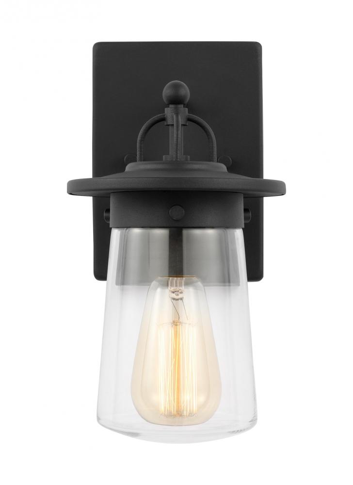 Tybee traditional 1-light outdoor exterior small wall lantern in black finish with clear glass shade