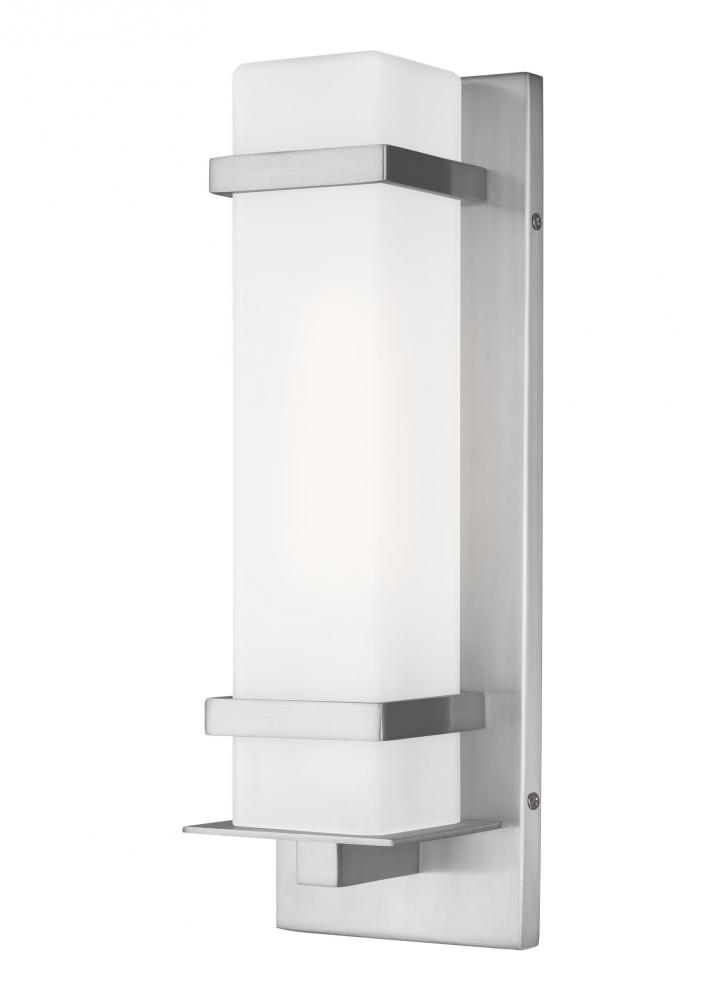 Alban modern 1-light outdoor exterior small square wall lantern in satin aluminum silver with etched