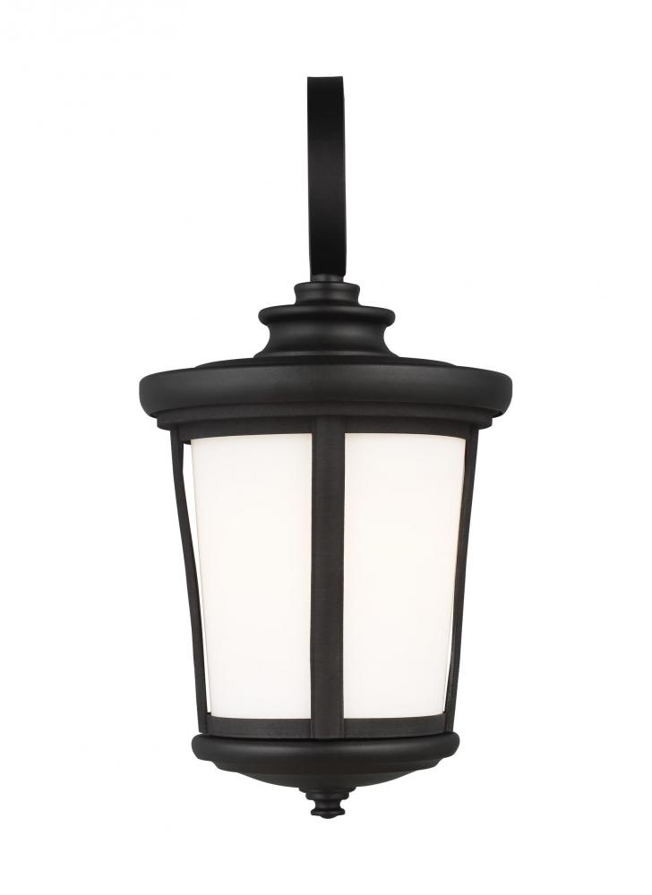 Eddington modern 1-light outdoor exterior medium wall lantern sconce in black finish with cased opal