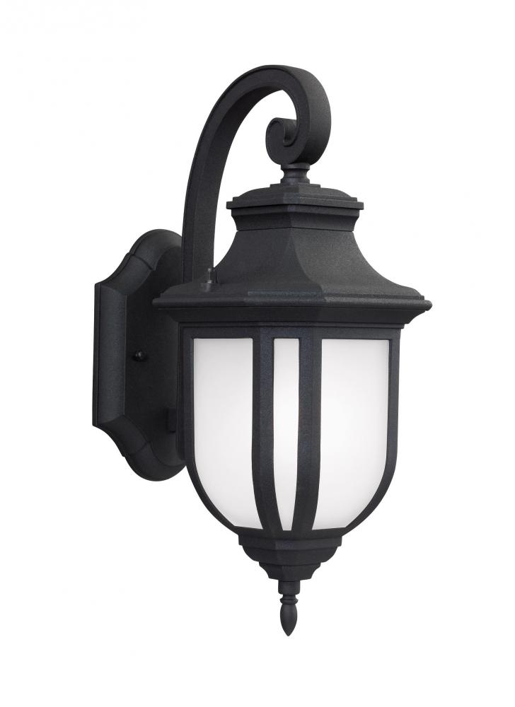 Childress traditional 1-light outdoor exterior medium wall lantern sconce in black finish with satin