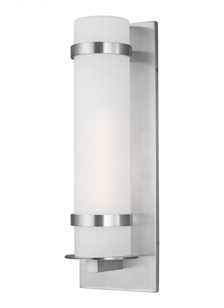 Alban modern 1-light outdoor exterior large round wall lantern in satin aluminum silver finish with