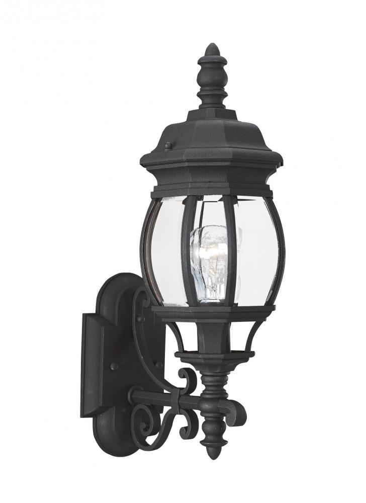 Wynfield traditional 1-light outdoor exterior wall lantern sconce uplight in black finish with clear