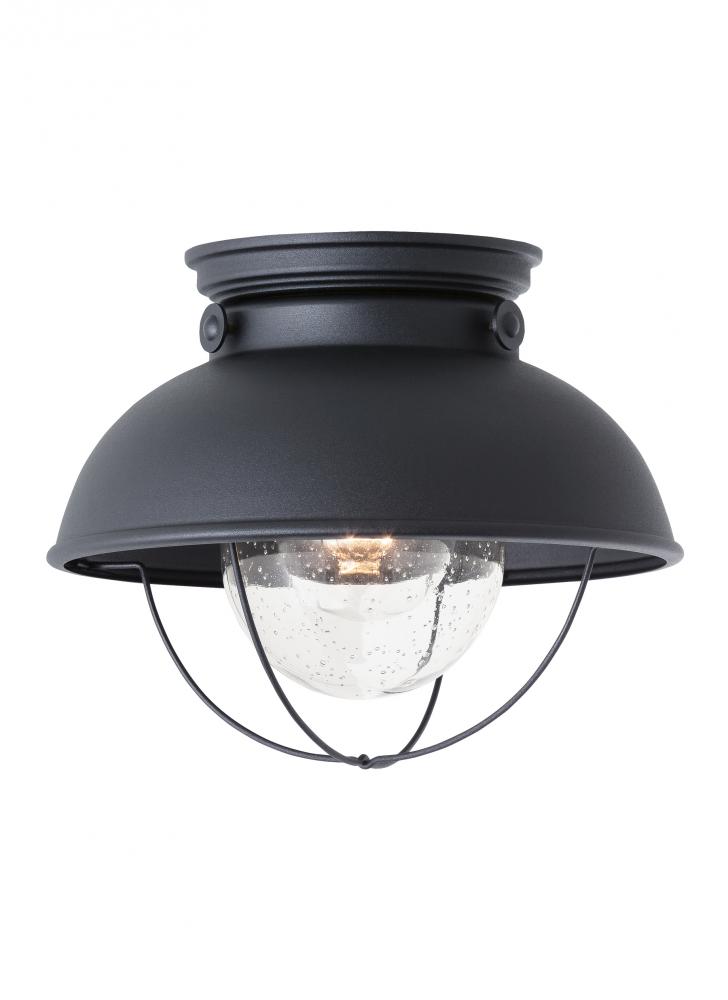 Sebring transitional 1-light outdoor exterior ceiling flush mount in black finish with clear seeded